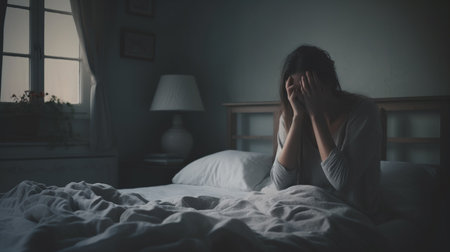 Depressed woman sitting on the bed. Generative AIの素材