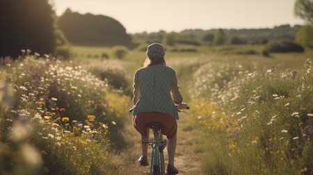 Woman rides in a bicycle in the countryside. Generative AIの素材