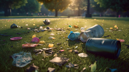 Garbage on green grass in the park. Generative AIの素材