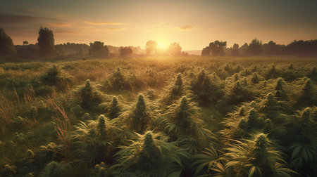 Cannabis field at sunset. Generative AIの素材