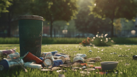 Garbage on green grass in the park. Generative AIの素材