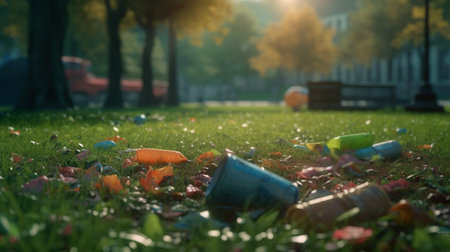 Garbage on green grass in the park. Generative AIの素材