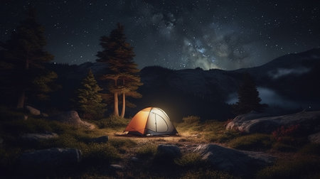 Tent camping in the night time. Generative AIの素材
