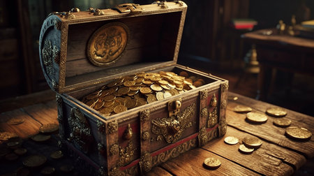 Opened treasure chest full of gold coins. Generative AIの素材