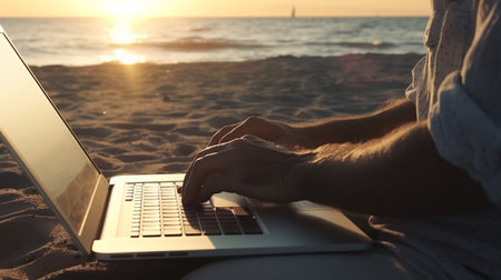 Human using laptop computer at the beach. Generative AIの素材
