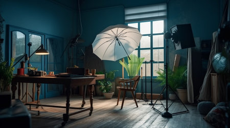 Interior of modern photo studio with professional equipment. Generative AIの素材