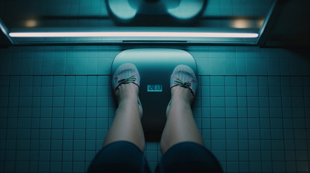 Woman measuring her weight using scales. Generative AIの素材