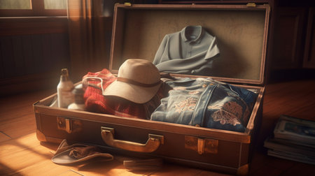 Clothes on suitcase. Generative AIの素材
