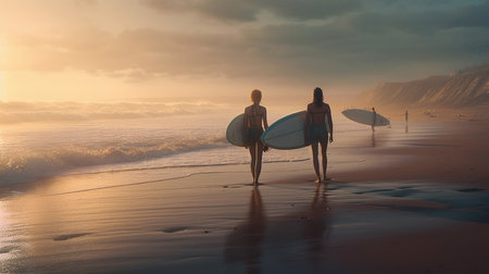 Surfers on the beach. Generative AIの素材
