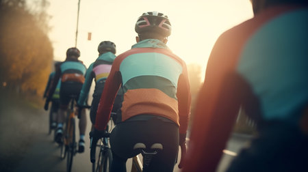 Back view of people rides in bicycle. Generative AIの素材