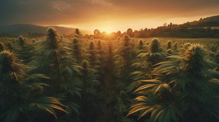 Cannabis field at sunset. Generative AIの素材