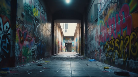 Street with colorful graffiti on the wall, Generative AIの素材