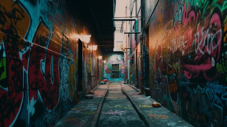 Street with colorful graffiti on the wall, Generative AIの素材
