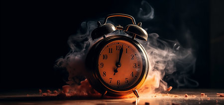 Alarm clock with fire and smoke. Generative AIの素材