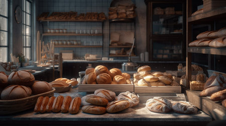 Bakery with assortment of bread. Generative AIの素材