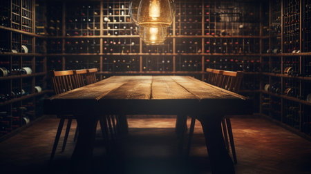 Wooden table in front of wine factory. Generative AIの素材