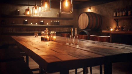 Wooden table in front of wine factory. Generative AIの素材