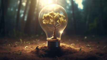 Light bulb with a plant on soil. Generative AIの素材