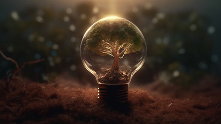 Light bulb with a plant on soil. Generative AIの素材