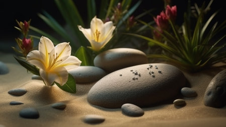 Spa scene with Massage Stones, Flowers. Generative AIの素材