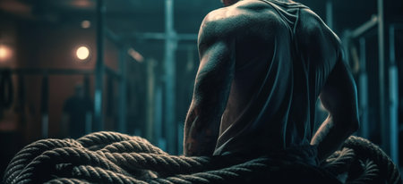 Man using the ropes in the gym to build arm strength. Generative AIの素材
