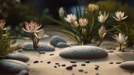 Spa scene with Massage Stones, Flowers. Generative AIの素材