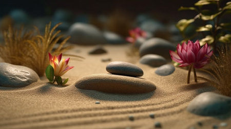 Spa scene with Massage Stones, Flowers. Generative AIの素材