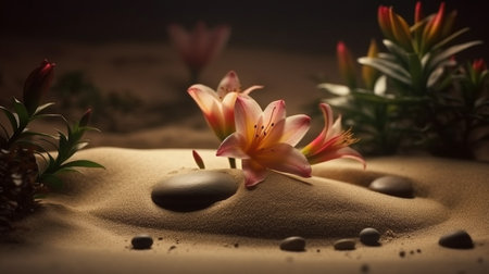 Spa scene with Massage Stones, Flowers. Generative AIの素材