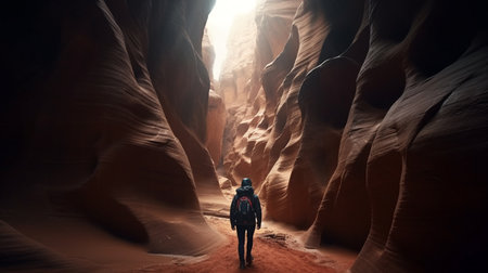 Hiker in the slot of canyons. Generative AIの素材