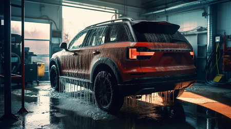 Car in self-service car wash, covered with cleaning soap foam. Generative AIの素材