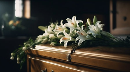 Flowers on a coffin in the funeral services. Generative AIの素材
