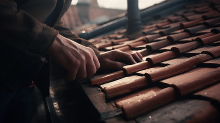 Construction worker tile roofing repair. Generative AIの素材