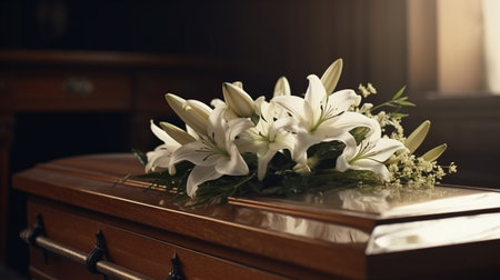 Flowers on a coffin in the funeral services. Generative AIの素材