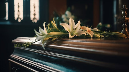 Flowers on a coffin in the funeral services. Generative AIの素材
