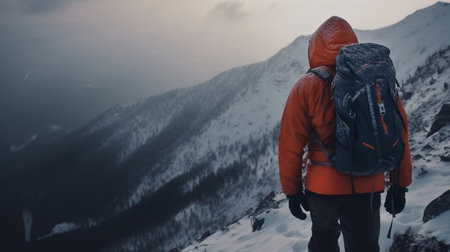 Hiking man in a backpack in the mountain. Generative AIの素材