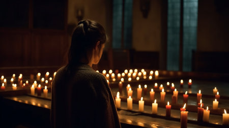 Woman in front of candles at Church. Generative AIの素材