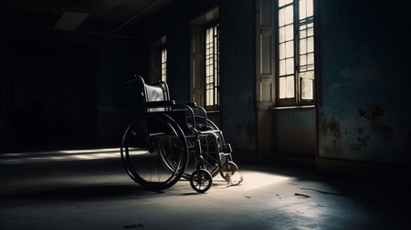 Wheel chair in the dark room. Generative AIの素材
