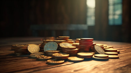 Stack of coins on the table. Generative AIの素材