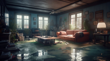 Water flooding on living room. Damage caused by water leakage. Generative AIの素材