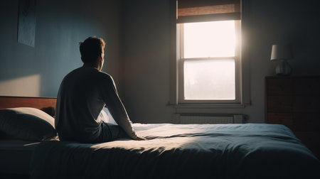 Stressed man in the bed. Generative AIの素材