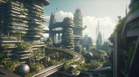 Friendly ecology city buildings. Green environment city. sustainable nature. Generative AIの素材