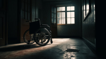 Wheel chair in the dark room. Generative AIの素材
