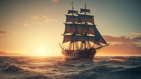 A sailing ship at sunset. Generative AIの素材
