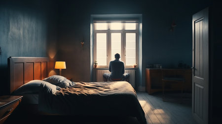 Stressed man in the bed. Generative AIの素材