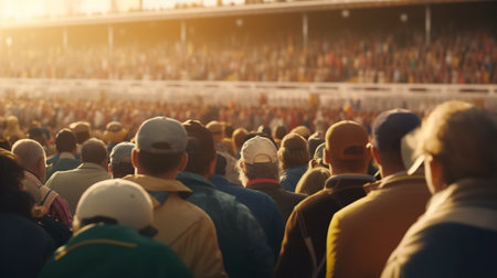 Back view crowd of fans watching car race. Generative AIの素材