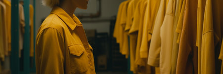 Woman wearing yellow shirt in the clothes store. Generative AIの素材