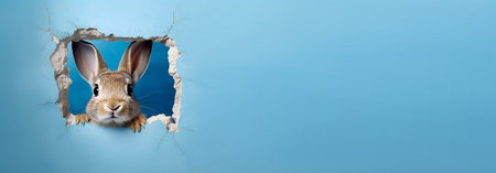 Bunny peeking out of a hole in blue wall. Generative AIの素材
