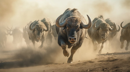 Buffaloes running with dust. Generative AIの素材