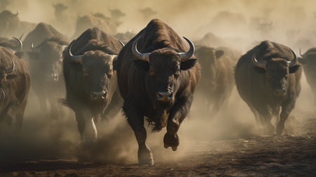 Buffaloes running with dust. Generative AIの素材