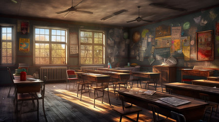 Classroom in an abandoned school. Generative AIの素材